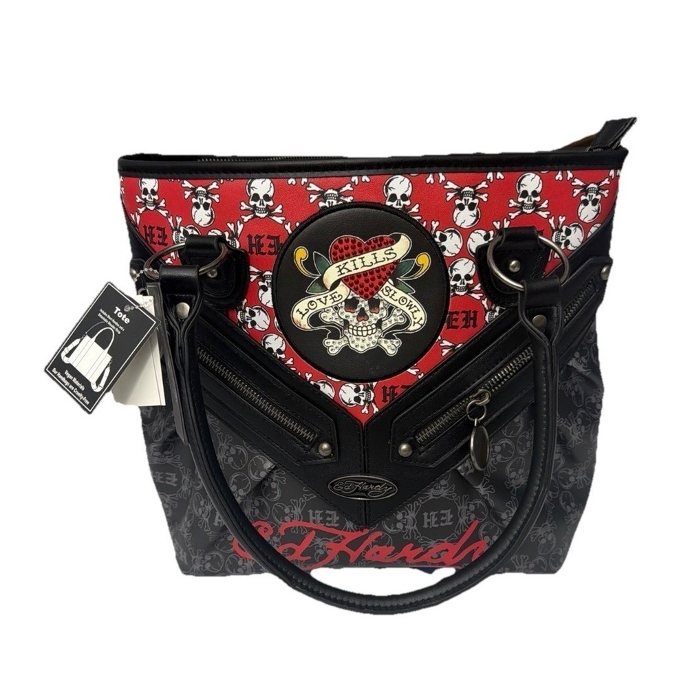 Ed Hardy Women's Love Kills Slowly Black & Red~Skulls~Tattoo Shoulder Tote Bag